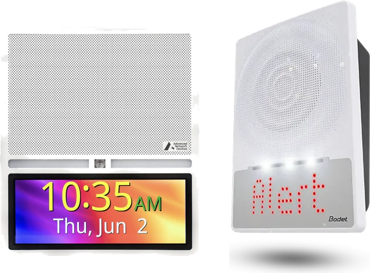 Advanced Network Devices IP speaker and display for mass notification, shown with the Bodet alert speaker